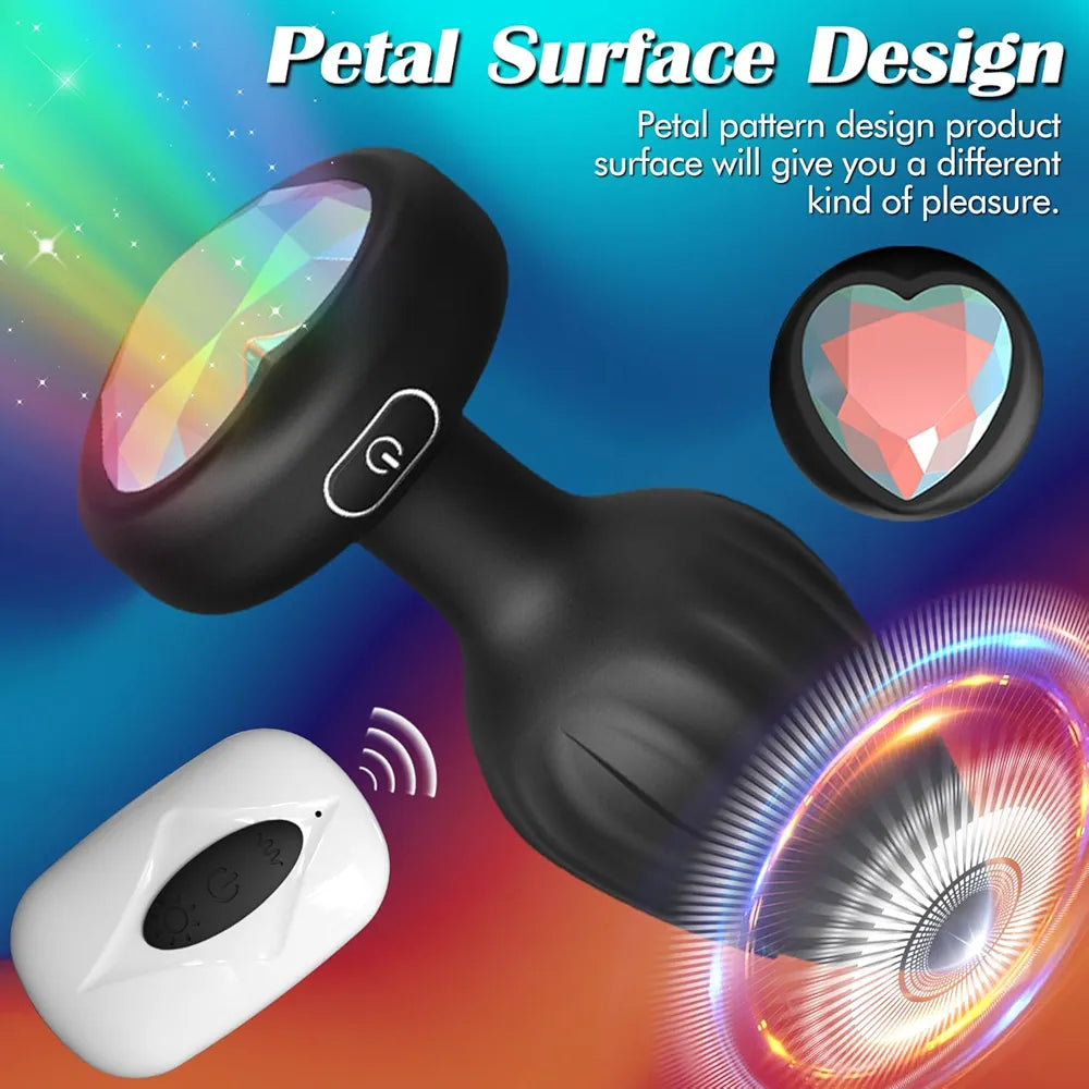 10-Mode Vibrating Crystal Butt Plug with Remote Control and LED Base - Prostate Massager for Men and Women