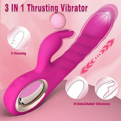 SeYouYou 3-in-1 Rabbit Thrusting Dildo Vibrator with 5 Thrusting and 10 Vibration Modes for G-Spot Stimulation