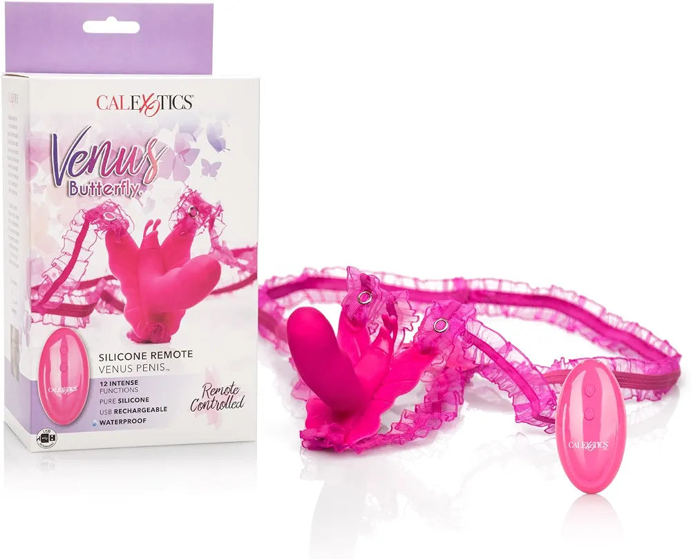 CalExotics Venus Butterfly Silicone Remote-Controlled Hands-Free Strap-On Vibrating Massager for Couples - Pink