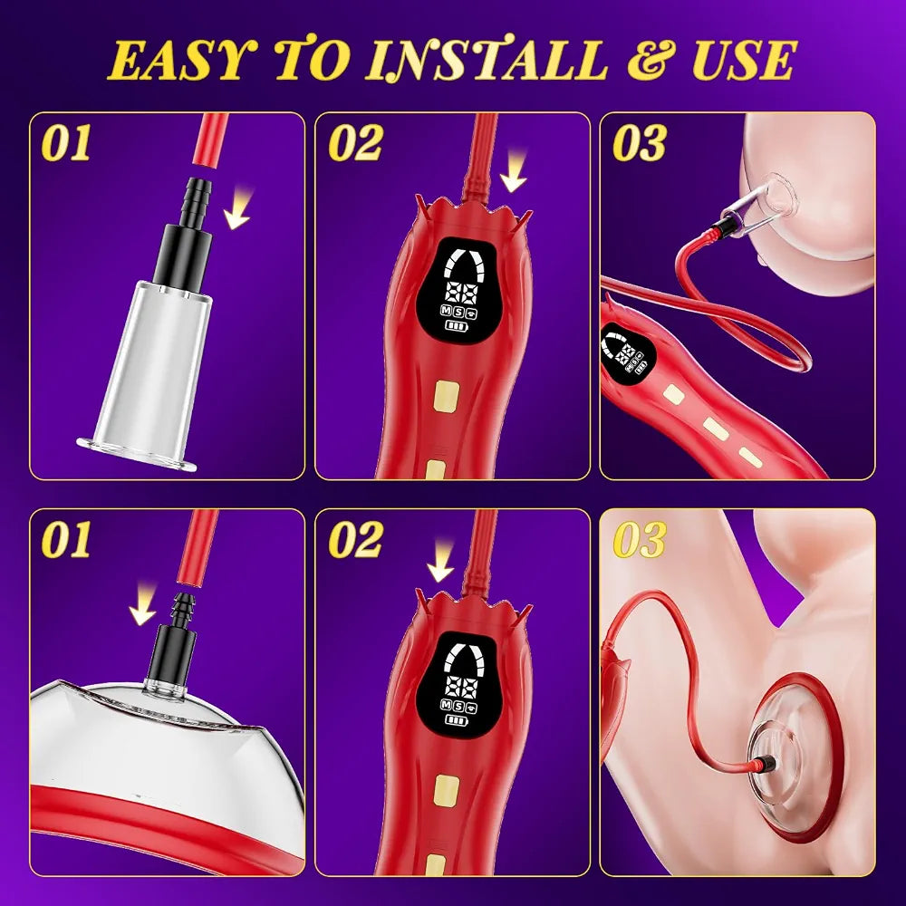 Electric Rose Clitoral and Nipple Suction Pump Kit - 3 Modes, 3 Levels, 7 Attachments