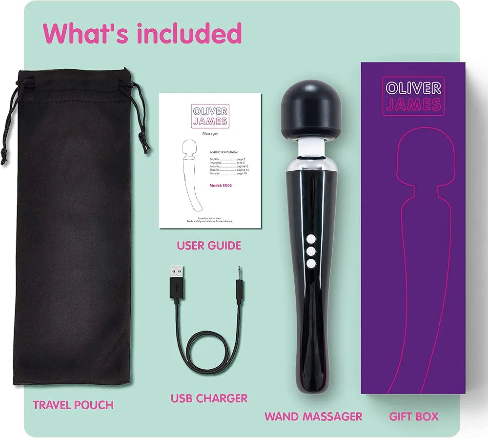 Oliver James Rechargeable Wand Massager - 160 Intensity Settings, Waterproof Silicone Personal Stimulator