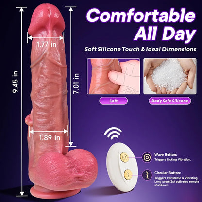 Lifelike Heated Curved Thrusting & Licking Vibrating Dildo with Suction Cup for G-Spot and Anal Stimulation
