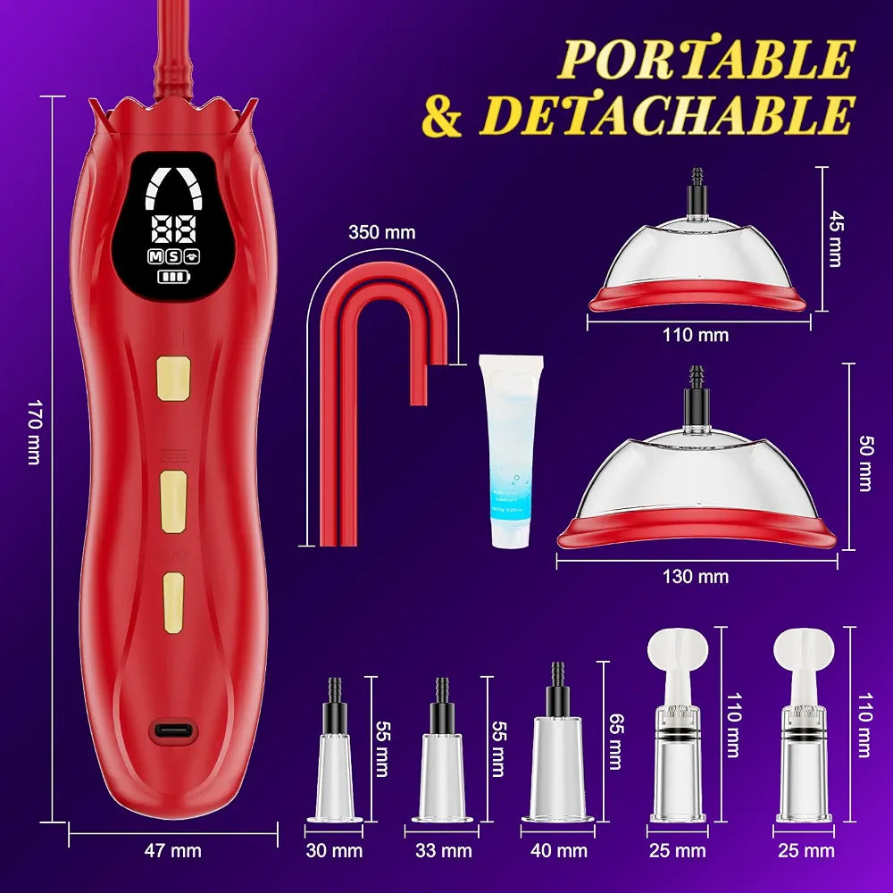 Electric Rose Clitoral and Nipple Suction Pump Kit - 3 Modes, 3 Levels, 7 Attachments