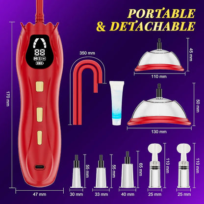 Electric Rose Clitoral and Nipple Suction Pump Kit - 3 Modes, 3 Levels, 7 Attachments