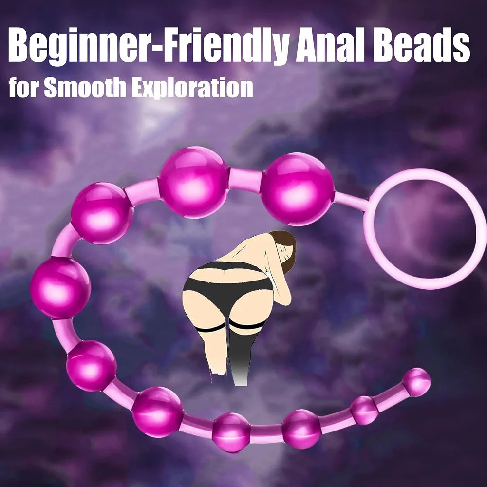 12-Inch Flexible Beaded Anal Toy with Finger Loop – Waterproof Prostate Massager for Men & Women, Gradual Size for Comfortable Insertion