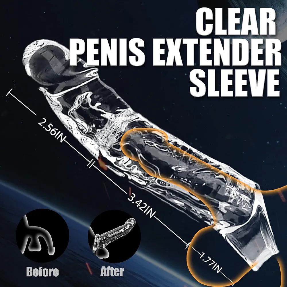 Clear Reusable 2.56-Inch Penis Extender Sleeve with Cock Ring - Soft Silicone Girth Enhancer for Men