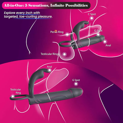 Dual-Action Rabbit Vibrator with Cock Ring and Anal Stimulator for Couples