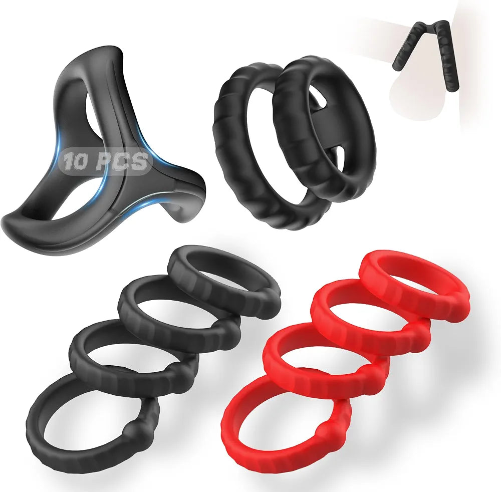 10-Piece Stretchy Silicone Cock Ring and Penis Sleeve Set for Enhanced Performance