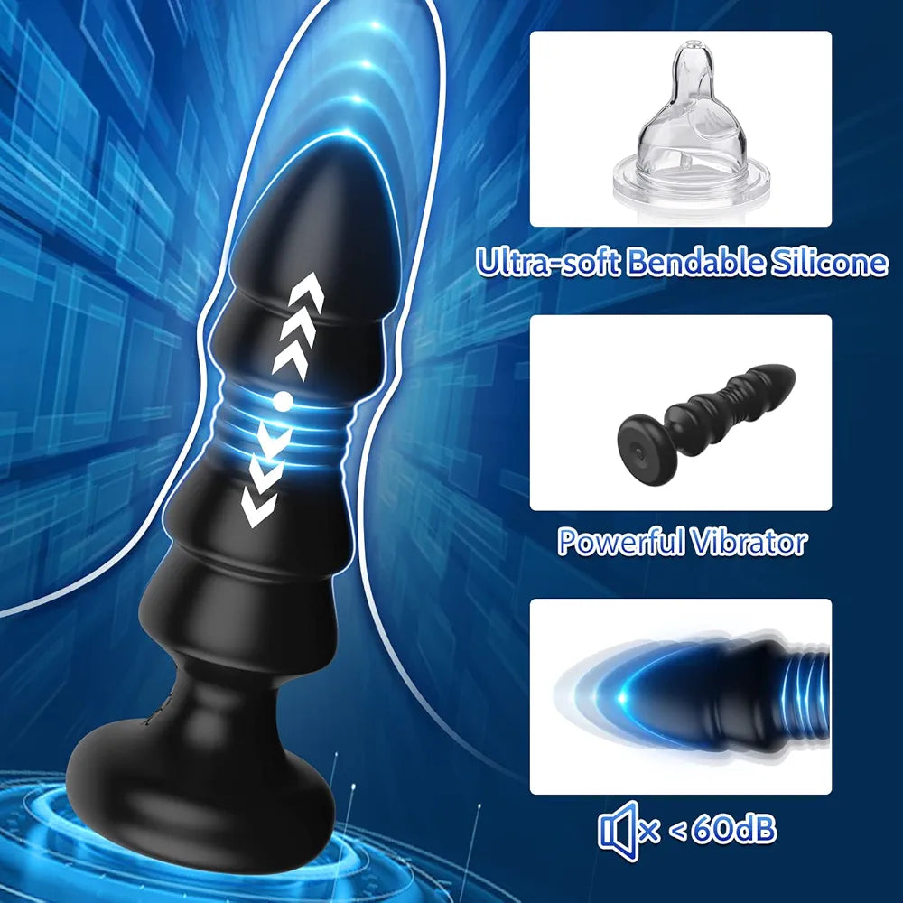 Remote-Controlled Vibrating and Thrusting Prostate Massager and Anal Butt Plug with Beads