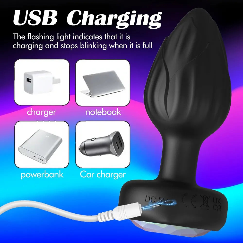 10-Mode Vibrating Crystal Butt Plug with Remote Control and LED Base - Prostate Massager for Men and Women