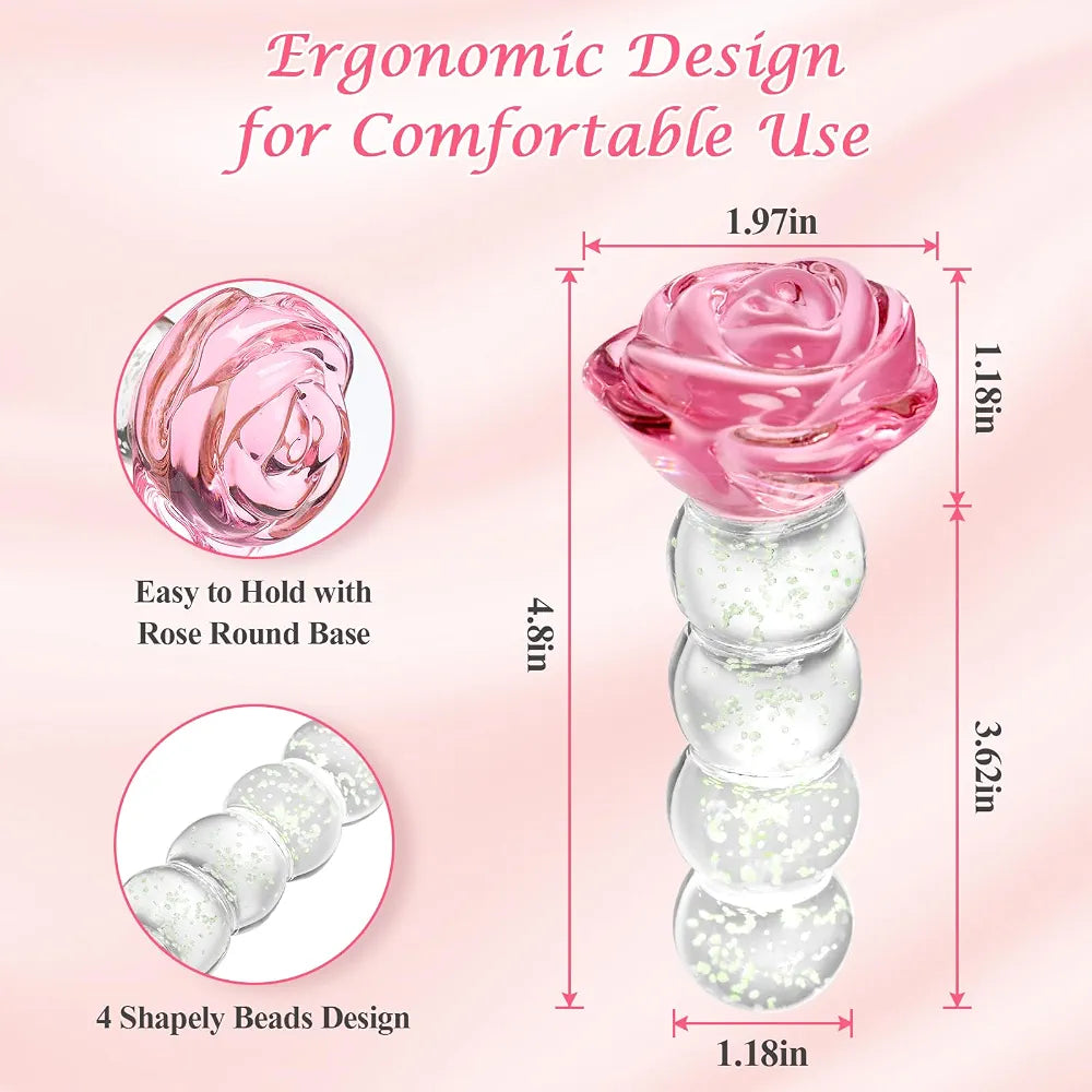 Luminous 4.8-Inch Borosilicate Glass Anal Bead Plug with Rose Detail for Prostate and G-Spot Stimulation