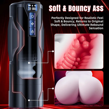 BootyPop Automatic Male Masturbator with 360° Heating, 10 Vibration & 7 Thrusting Modes, Realistic Dual-Channel Stroker with LCD Display