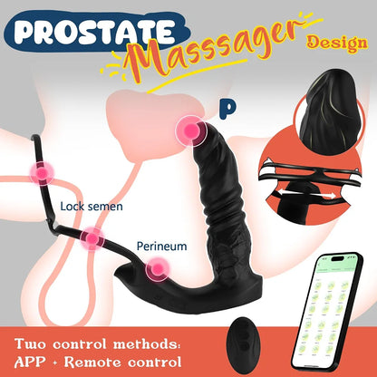 Advanced Dual-Motor Prostate Massager with Thrusting Dildo and App-Controlled Vibrating Cock Ring