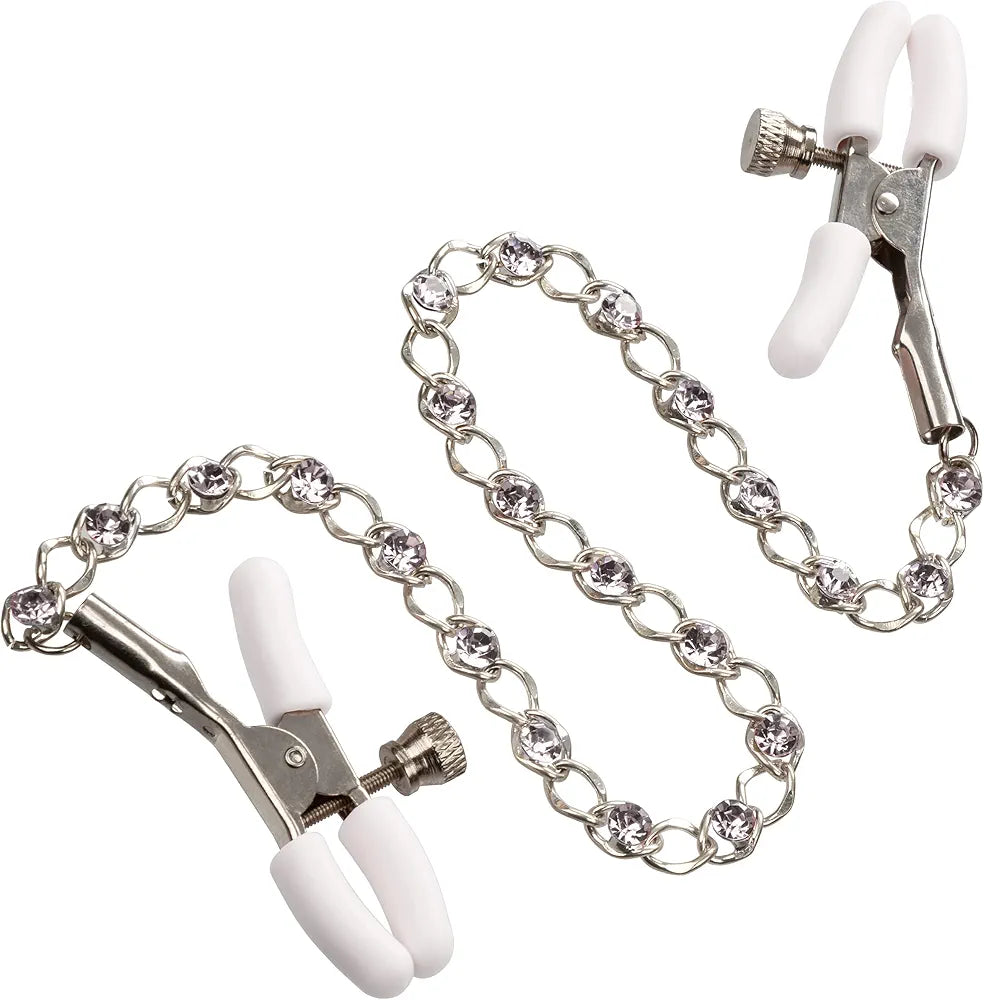 Crystal-Embellished Adjustable Tension Nipple Clamps with Silver Chain