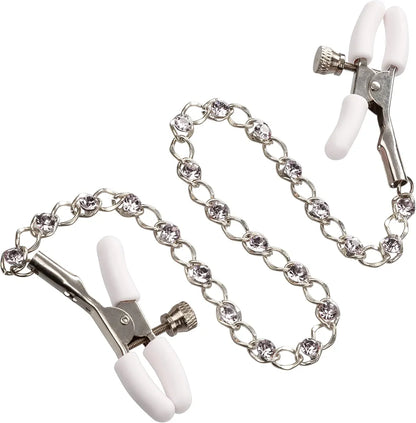 Crystal-Embellished Adjustable Tension Nipple Clamps with Silver Chain