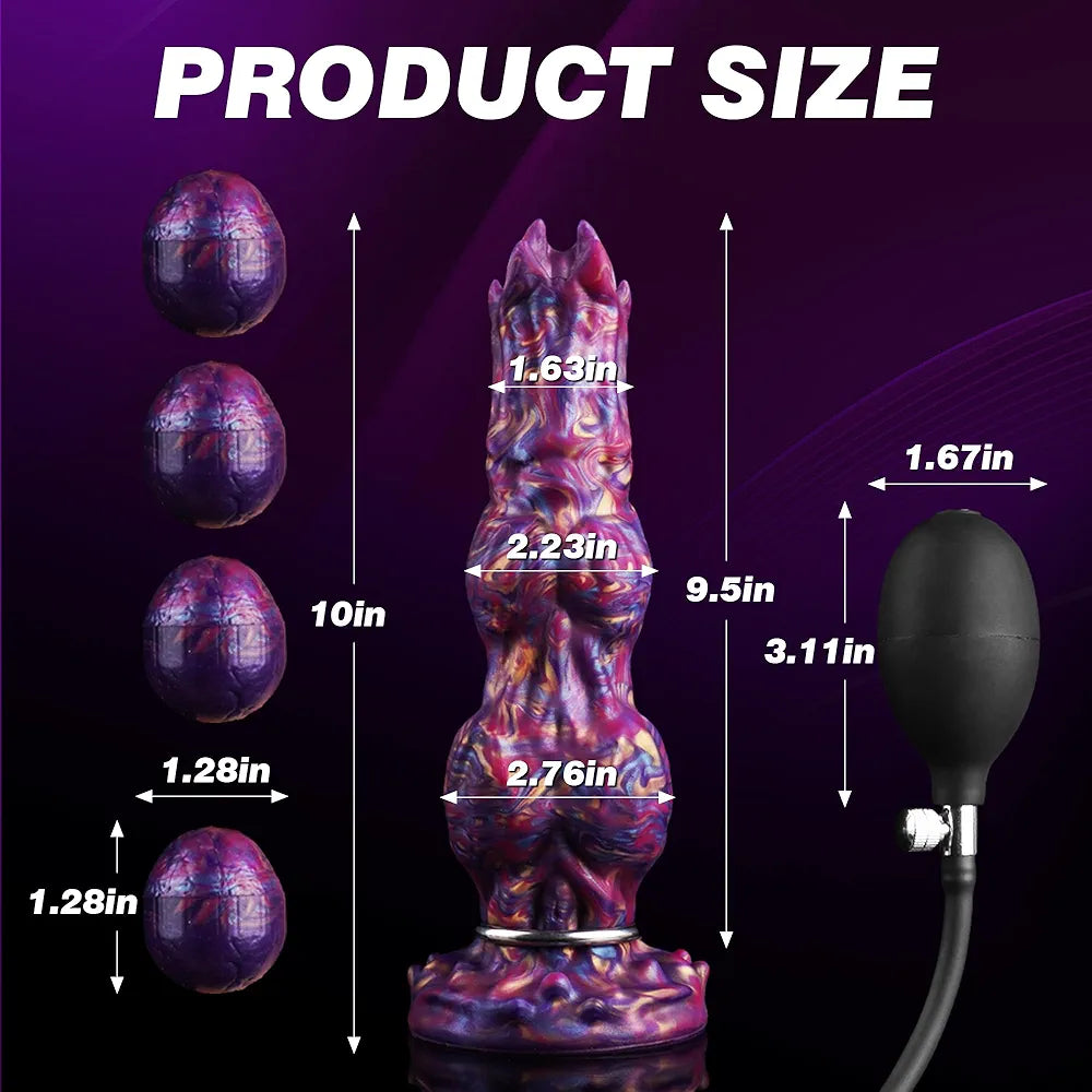10-Inch Fantasy Monster Ovipositor Dildo with 4 Eggs, Inflatable Knot, and Suction Cup Base
