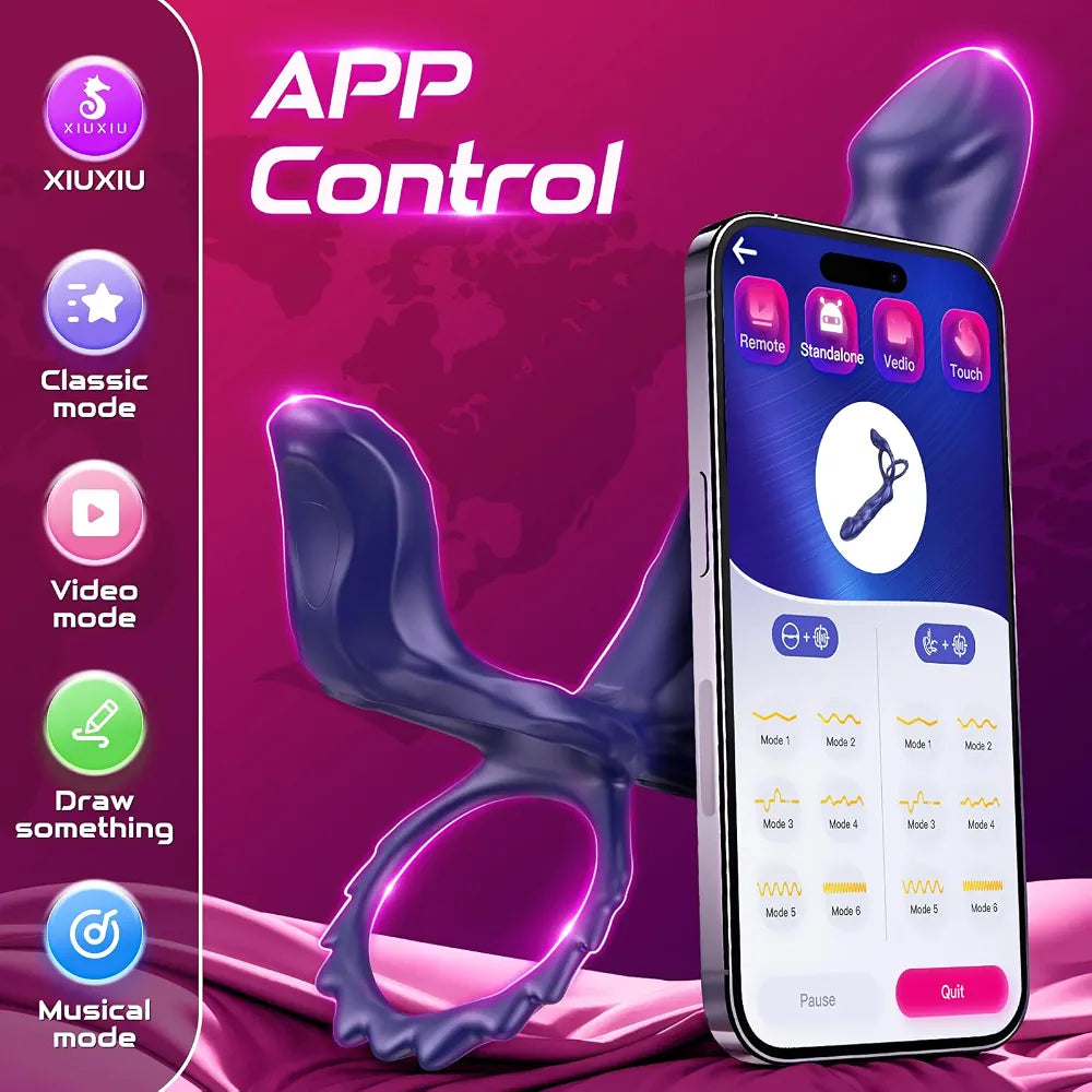 App-Controlled Vibrating Dual-Stimulation Couples Sex Toy with Cock Ring and Anal Plug