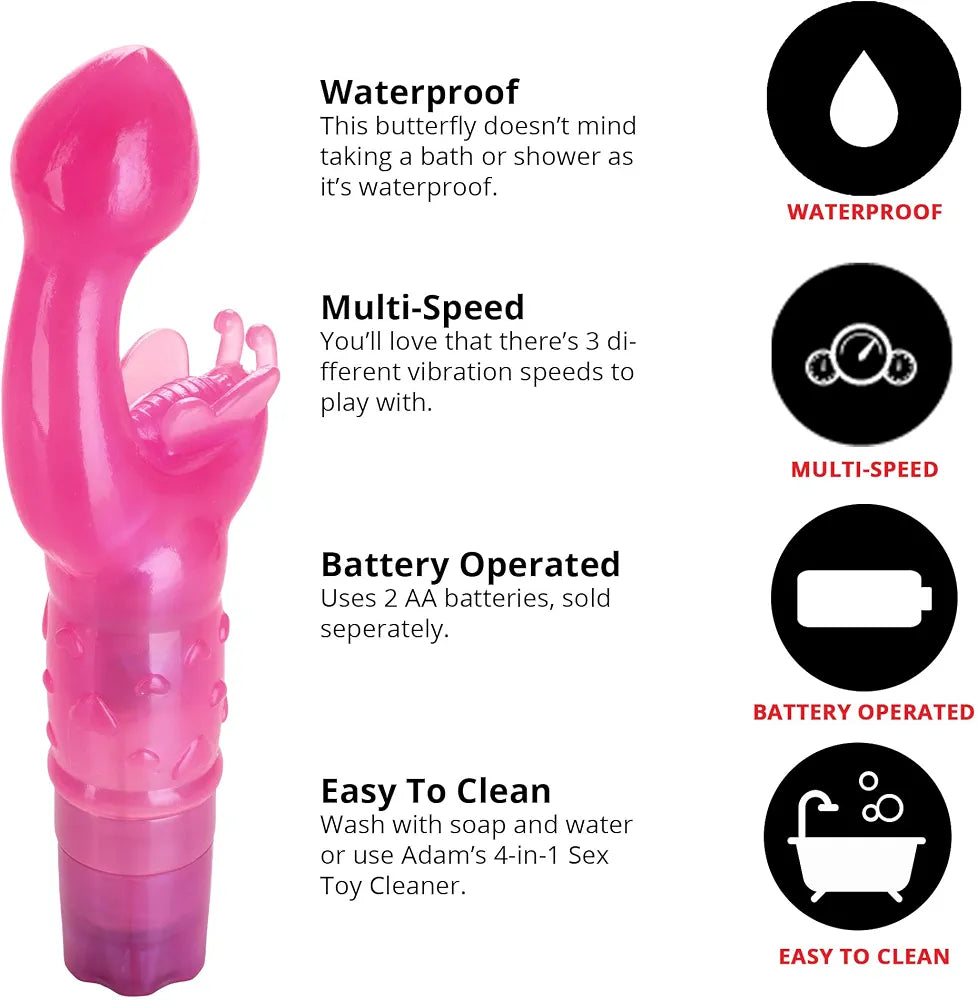 Adam & Eve Butterfly Kiss G-Spot and Clitoral Vibrator - 3-Speed Waterproof Dual Stimulator with Flexible Antennae
