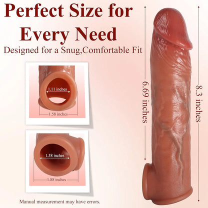 Realistic Penis Sleeve Extender for Men, 8.3'' Silicone Cock Sleeve with Testicle Ring, Reusable Penis Enlarger Delay Ejaculation Enhance Erection Male Adult Sex Toys for Couples by WIEUL Flesh