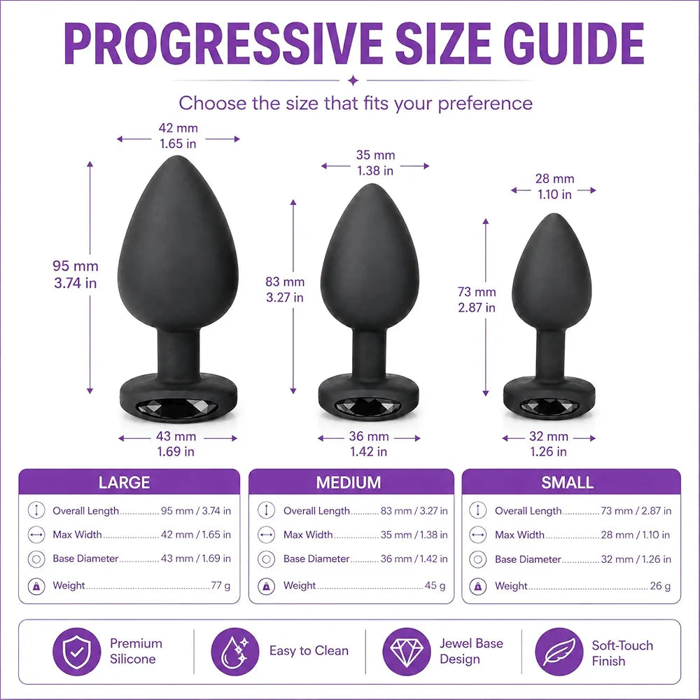 Premium 3-Piece Black Silicone Anal Training Plug Set with Decorative Gemstones