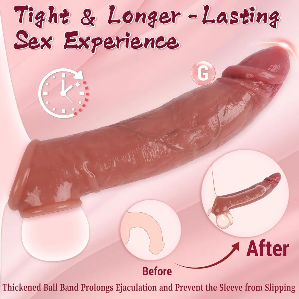Realistic Penis Sleeve Sex Toys for Men, Reusable 8.6'' Silicone Cock Sleeve Enlarger with Thickened Testicle Penis Ring, Delay Ejaculation Enhance Erection Penis Extender Male Couples Adult Toys