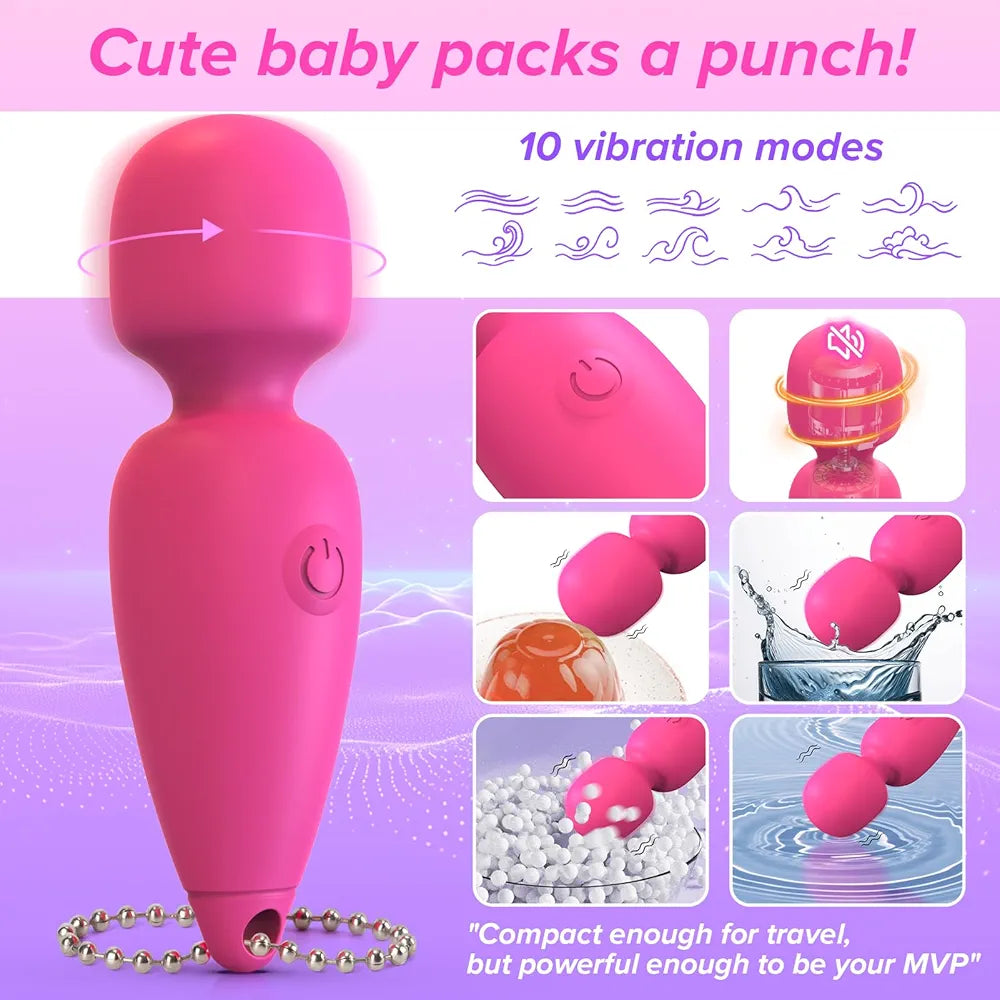 Rechargeable Mini Wand Vibrator - 10 Vibration Patterns, Waterproof & Quiet Clitoral Stimulator