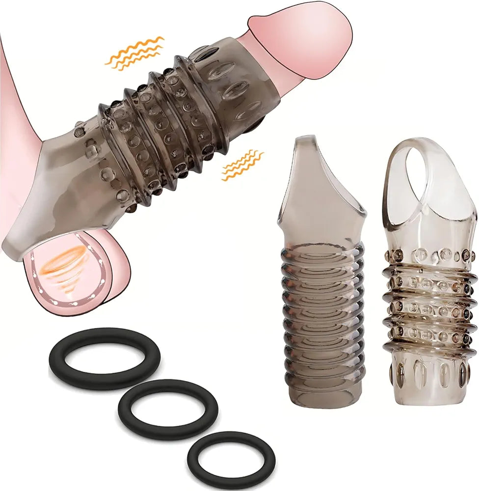 5-Piece Silicone Penis Sleeve and Cock Ring Set for Enhanced Performance and Girth
