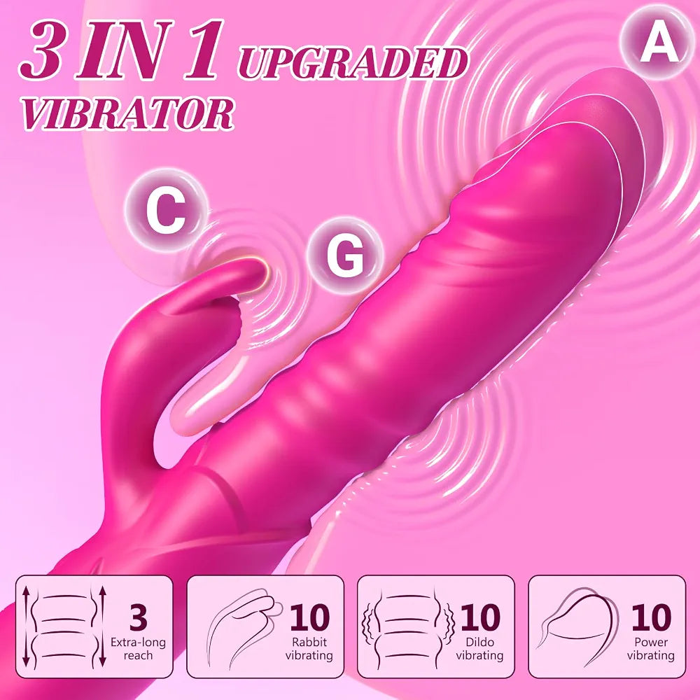 Premium Rechargeable Thrusting Rabbit Vibrator with 10 Vibration Patterns and 3 Thrusting Modes, Waterproof Silicone G-Spot and Clitoral Stimulator
