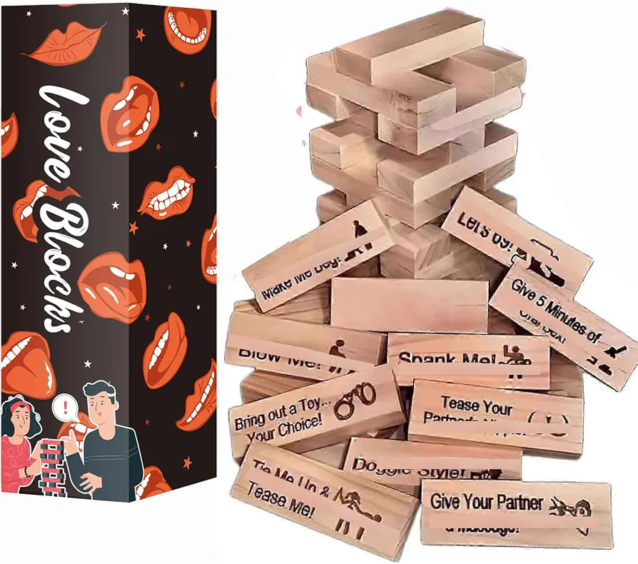Adult Romantic Stacking Block Game: 54-Piece Flirty Date Night Tumbling Tower