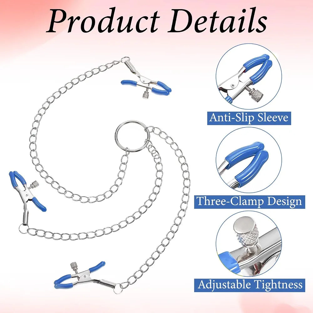 Blue Silicone-Padded Non-Piercing Nipple Clamp Y-Chain Body Jewelry