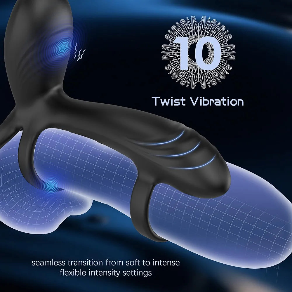 10-Mode Dual-Stimulation Vibrating Penis Ring with G-Spot and Clitoral Massager