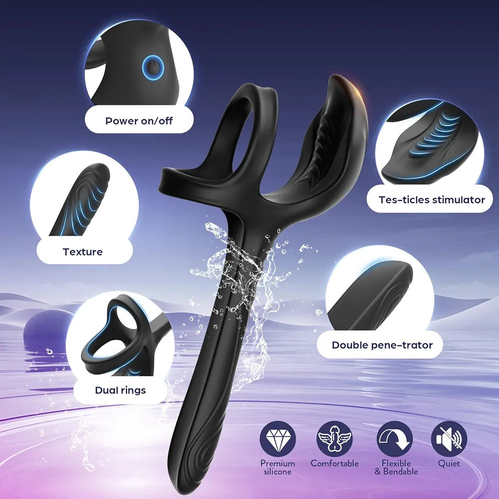 Premium 3-in-1 Couples Vibrating Cock Ring and Anal Stimulator with 10 Modes