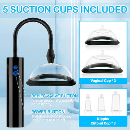 Adult Sex Toys Pussy Pump - Female Sex Toys Nipple Clit Sucker Automatic Vacuum Vagina Sex Pump, Nipple Pussy Sucking BDSM Toys Kit with 3 Powerful Suction Modes, Adult Toys & Games 5 Cups Included