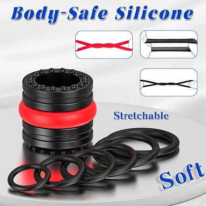 8-Piece Silicone Penis Ring and Sleeve Set for Enhanced Erection and Performance