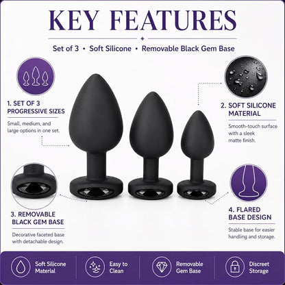 Premium 3-Piece Black Silicone Anal Training Plug Set with Decorative Gemstones