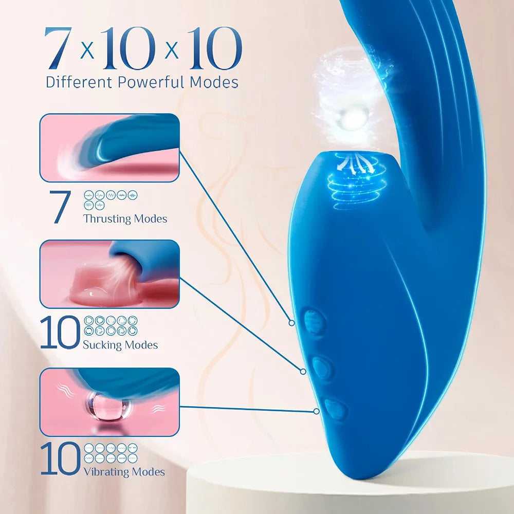 Premium Liquid Silicone Rabbit Vibrator with 10 Suction, 10 Vibration, and 7 Thrusting Modes for Couples
