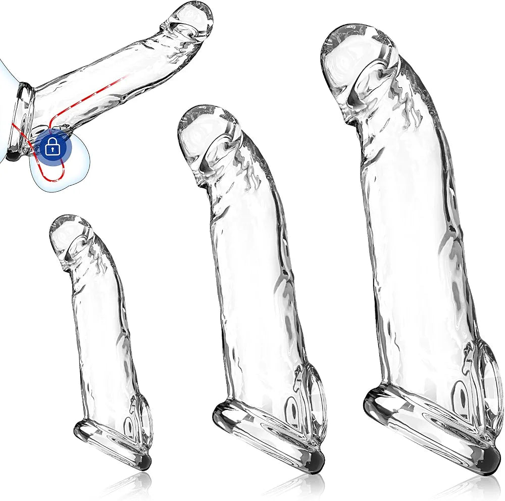 3 Sizes Reusable Penis Sleeve with Cock Ring – Soft Clear Cock Sleeve Penis Extender for Added Length & Girth, Stable Fit that Stays in Place, Sex Toys for Men & Couples