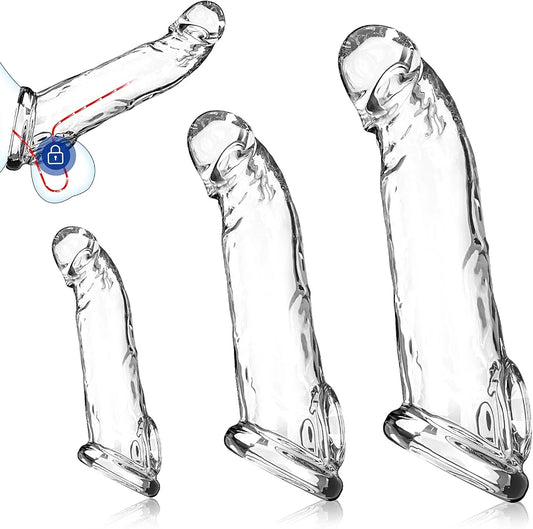 3 Sizes Reusable Penis Sleeve with Cock Ring – Soft Clear Cock Sleeve Penis Extender for Added Length & Girth, Stable Fit that Stays in Place, Sex Toys for Men & Couples