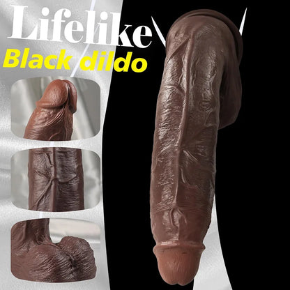 10-Inch Realistic Curved Black Dildo with Suction Cup - Dual-Density Silicone for G-Spot and Anal Stimulation
