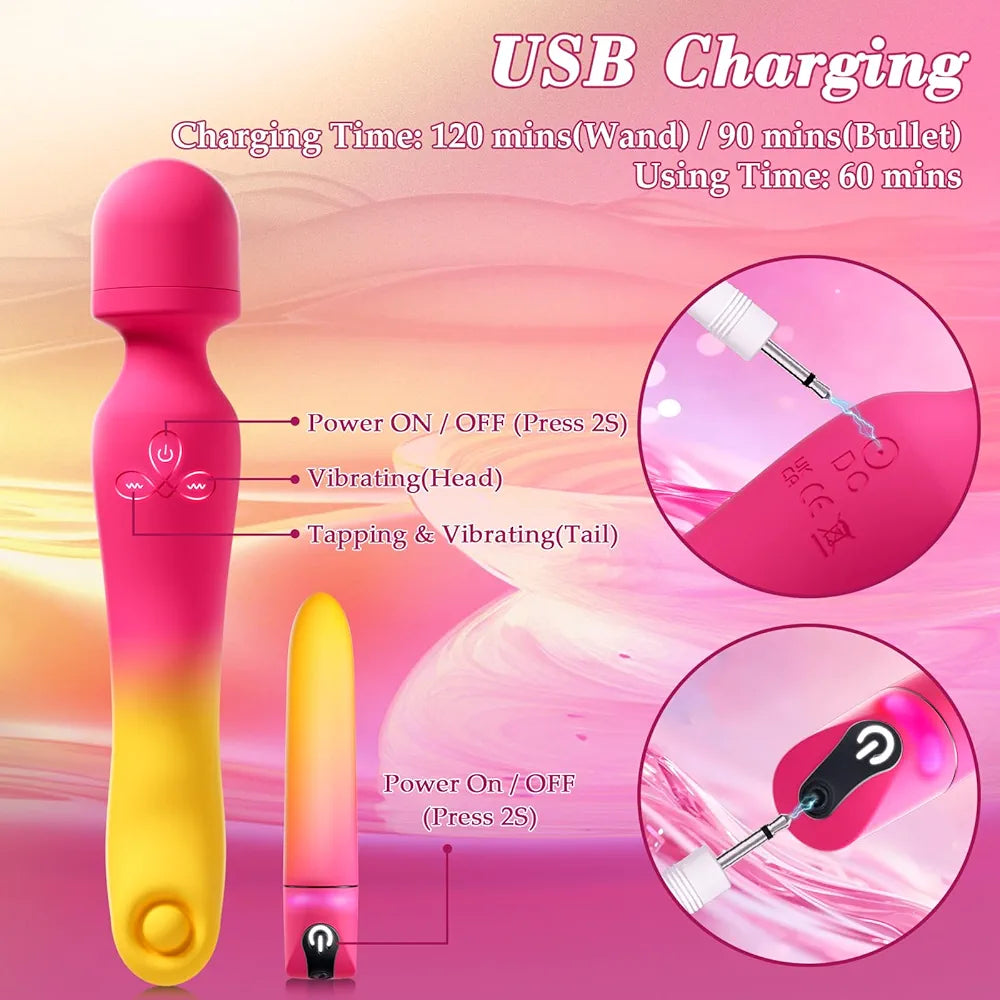 Dual-Action Wand and Bullet Vibrator Set with 14 Stimulation Modes for Couples