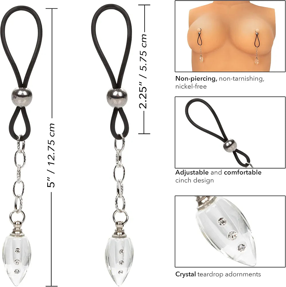 CalExotics Crystal Teardrop Non-Piercing Nipple Clamps - Clear