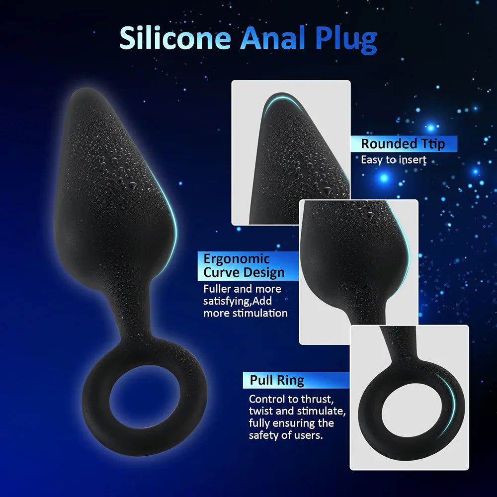 3-Piece Silicone Anal Training Plug Set with Pull Ring for Beginners