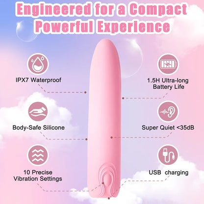 Whisper-Quiet Rechargeable Lipstick Bullet Vibrator with 10 Modes for Targeted Stimulation