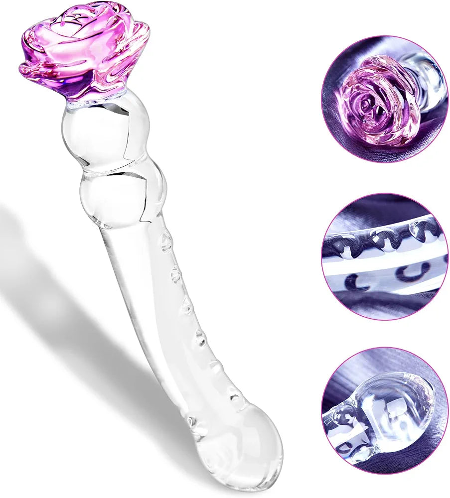 8.3 Inch Rose Crystal Glass Butt Plug with Progressive Anal Beads - G-Spot & Prostate Massager for Couples