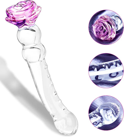 8.3 Inch Rose Crystal Glass Butt Plug with Progressive Anal Beads - G-Spot & Prostate Massager for Couples