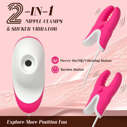 Rechargeable Waterproof Clitoral Suction Vibrator and Adjustable Nipple Clamps Set