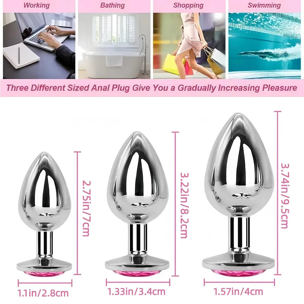 3-Piece Stainless Steel Anal Training Plug Set with Decorative Crystal Accents