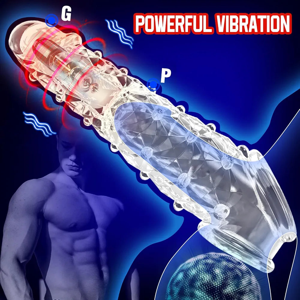 Vibrating Penis Sleeve Extender with Clitoral Stimulator and Textured Surface