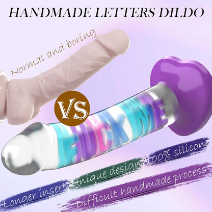 7.7-Inch Realistic Clear Silicone G-Spot Dildo with 3D Colorful Letters and Heart-Shaped Suction Cup