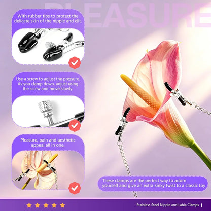 Adjustable Non-Piercing Nipple and Clitoral Clamp Set with Connecting Chain for Sensual Play